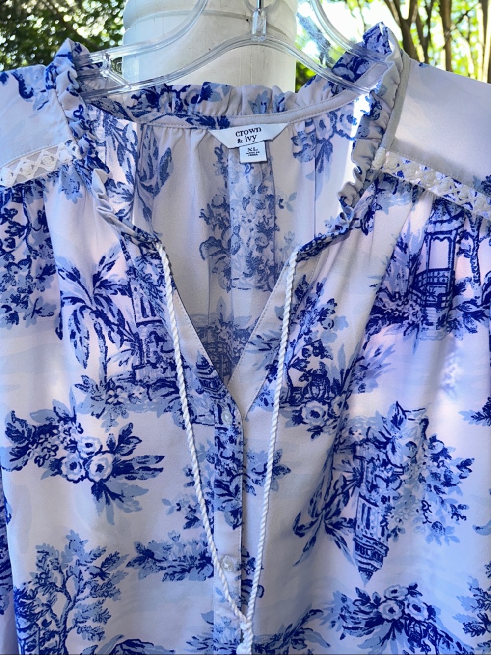 crown & ivy White Blouse with Blue Toile Print and Tassel Tie-Neck - Picture 3 of 7
